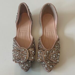 Blush Pink Jeweled Pointed Toe Flats with Pearl Bow Crystal Sparkling Cute Comfy